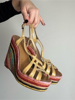 Kate Spade Yellow Strappy Wedge Sandals with Multicolor Rope Platform